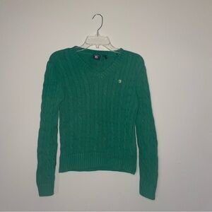 Duck Head Green Cable Knit Cotton V-Neck Sweater